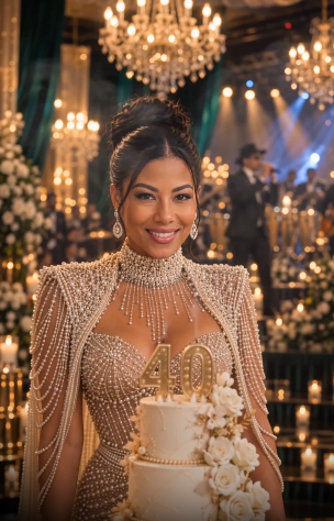 Kristy dressed in pearl eveningwear at an elegant celebration