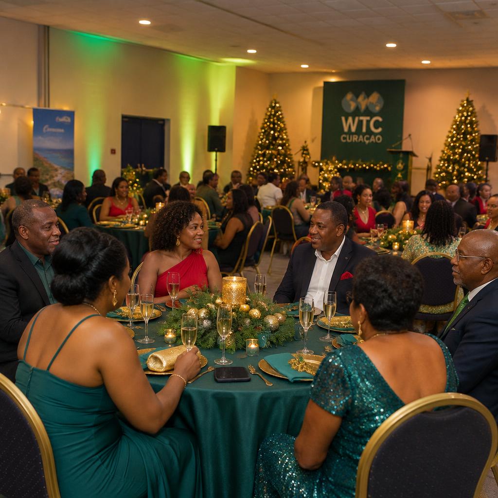 The indoor private VIP section at WTC Curaçao with cocktail tables, chairs, and emerald decorations